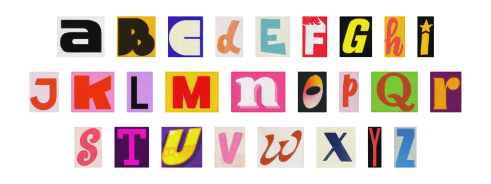 Colorful ransom style cut-out English alphabet from magazines, PNG transparent