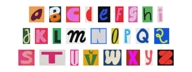 Colorful ransom style cut-out English alphabet from magazines, PNG transparent