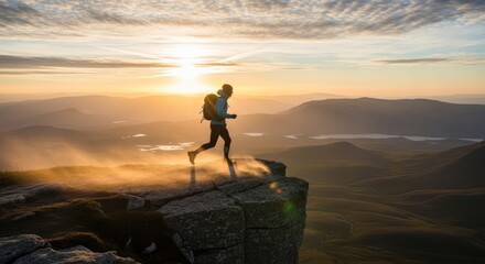Silhouette of a trail runner on a mountain peak at sunrise.