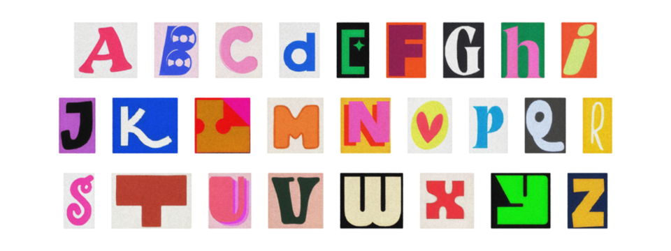 Colorful ransom style cut-out English alphabet from magazines, PNG transparent