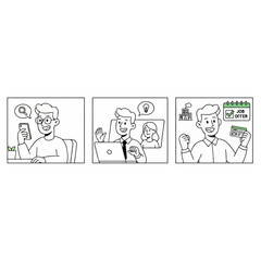 Job Search to New Employee Young man applies for jobs online, aces the interview, and celebrates getting hired. Modern urban lifestyle vector illustration.