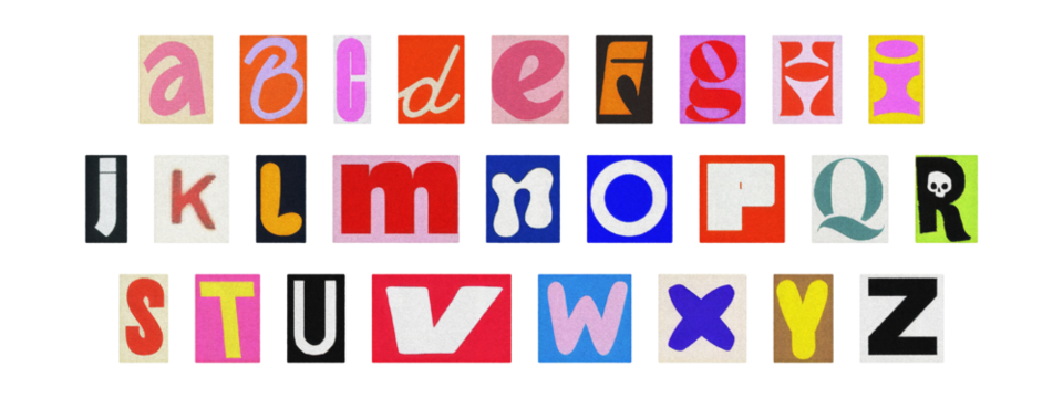 Colorful ransom style cut-out English alphabet from magazines, PNG transparent