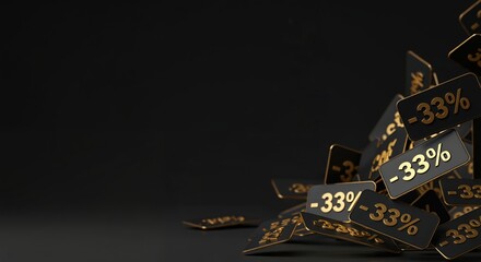 Luxurious black and gold discount tags with a prominent -33% symbol are dynamically falling onto a dark surface, creating an elegant promotional background with ample copy space.