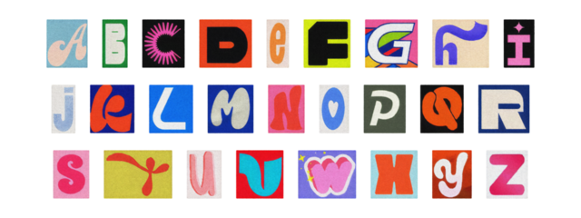 Colorful ransom style cut-out English alphabet from magazines, PNG transparent