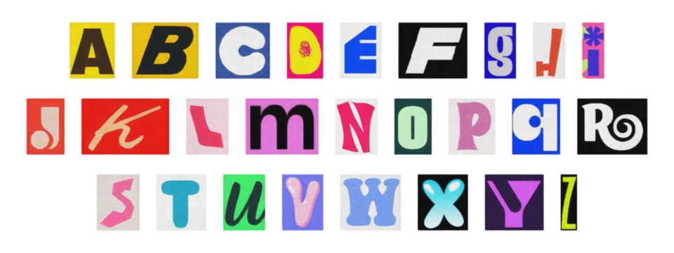 Vintage collage of cut-out letters, English alphabet ransom note design