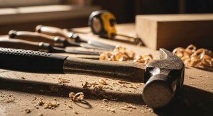 Woodworking tools on a workbench.