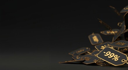 A luxurious collection of black and gold discount tags with percentage symbols scattered and falling on a dark, reflective surface, offering elegant copy space for promotions.