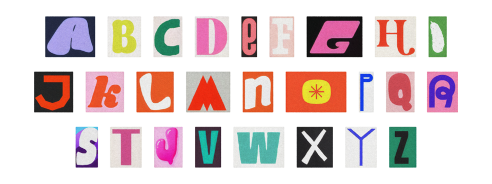 Vintage collage of cut-out letters, English alphabet ransom note design