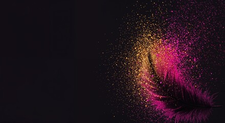 A dark feather is beautifully illuminated by a vibrant burst of golden and magenta glitter particles, creating an ethereal and artistic abstract composition with ample copy space.