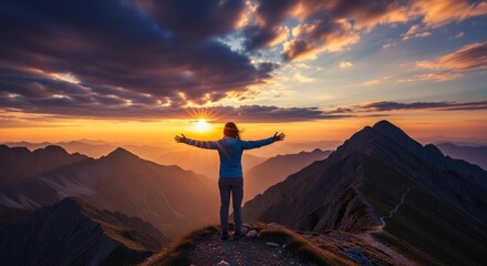 Woman with outstretched arms on mountain peak at sunset, celebrating freedom and success.