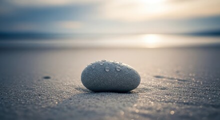 A solitary wet stone rests on the sandy shore at sunrise.