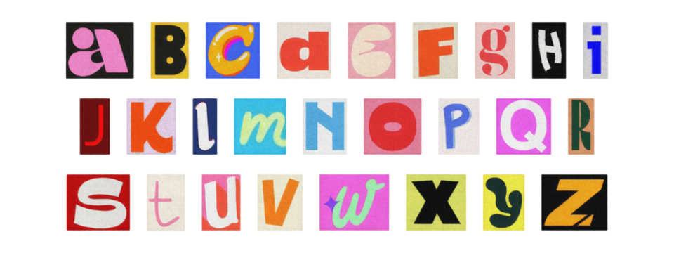 Vintage collage of cut-out letters, English alphabet ransom note design