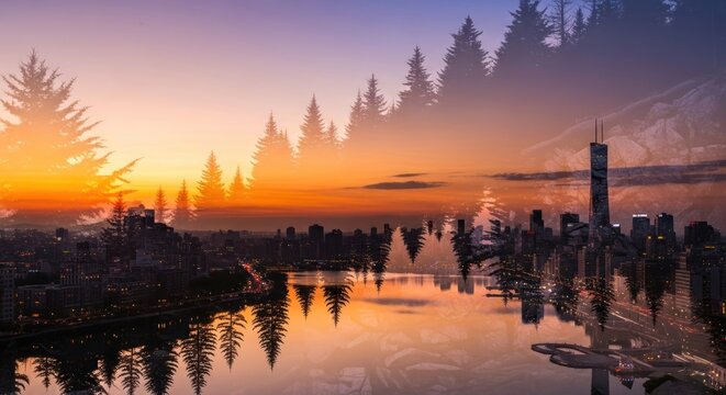 Creative double exposure of a pine forest silhouette over a tranquil sunset lake reflection.