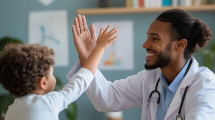 Obraz premium Smiling pediatrician with little patient giving high five, International Doctor's Day, kindness in healthcare.