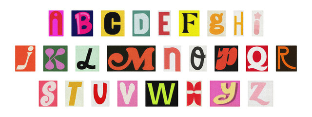 Ransom note style English alphabet set, cut-out colorful magazine letters