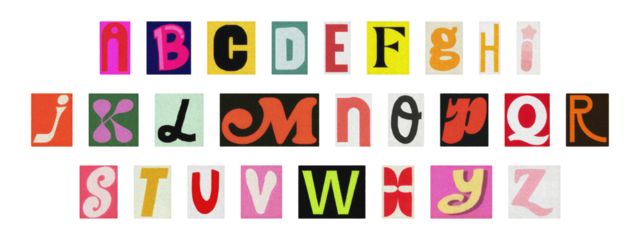 Ransom note style English alphabet set, cut-out colorful magazine letters