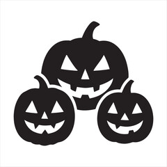 Three silhouetted jack o lanterns with spooky faces on white background for halloween celebration