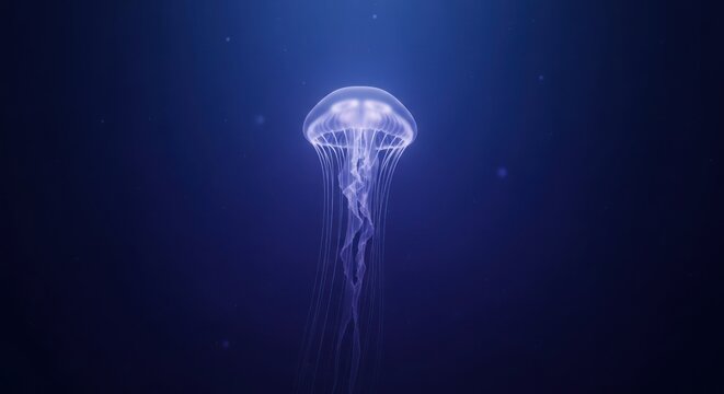 Glowing Jellyfish Underwater Dark Blue Ocean.