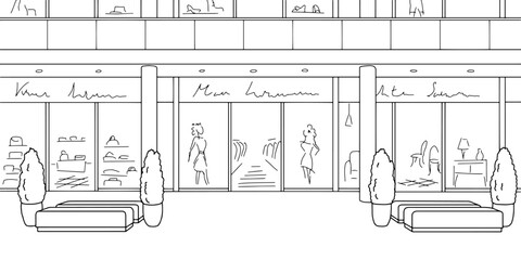 Shopping mall graphic black white interior sketch illustration vector 