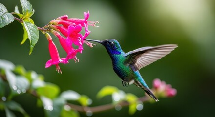 Fototapeta premium Hummingbird feeding on vibrant pink flowers in lush green nature.