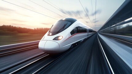 Fototapeta premium A photo-realistic image of a sleek, modern bullet train speeding through the picturesque countryside, showcasing ultra-detailed clarity and motion blur.