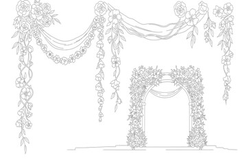 Elegant wedding archway with floral decorations and drapes isolated on transparent background