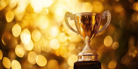Prize trophy basking in golden light on rich velvet base, with soft glowing bokeh behind it