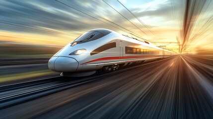 Experience the sleek design of a modern bullet train racing through the picturesque countryside with stunning motion blur.