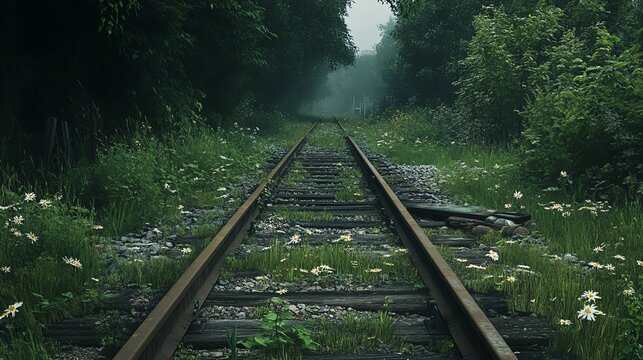 Explore the charm of old abandoned railway tracks, beautifully overgrown with grass and colorful flowers, evoking rustic nostalgia. - Powered by Adobe