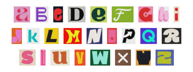 Transparent PNG cut-out alphabet, colorful magazine ransom letters