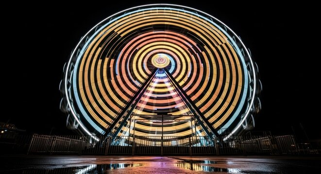 Long exposure of a colorful spinning Ferris wheel at night creating light trails. - Powered by Adobe