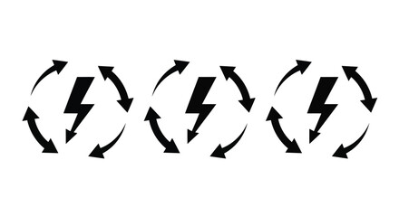 Vector illustration of three black lightning bolt symbols with circular arrows