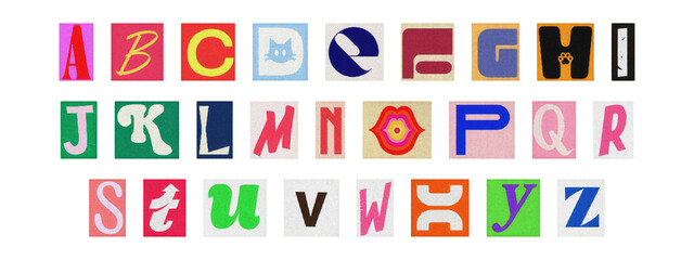 Typography collage of ransom style letters, retro English alphabet set