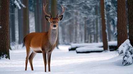 Obraz premium Majestic deer stands still in a serene winter forest blanketed by soft snow, embodying the tranquil beauty of nature's winter wonderland
