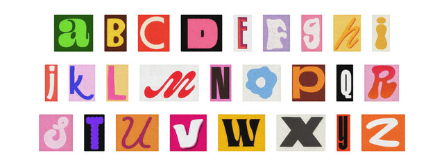 Typography collage of ransom style letters, retro English alphabet set