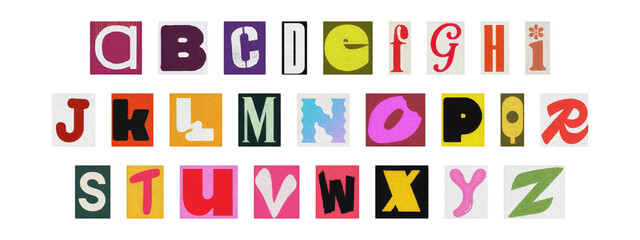 Typography collage of ransom style letters, retro English alphabet set