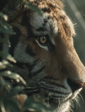 Intense Gaze of a Hidden Tiger in Cinematic Jungle Scene