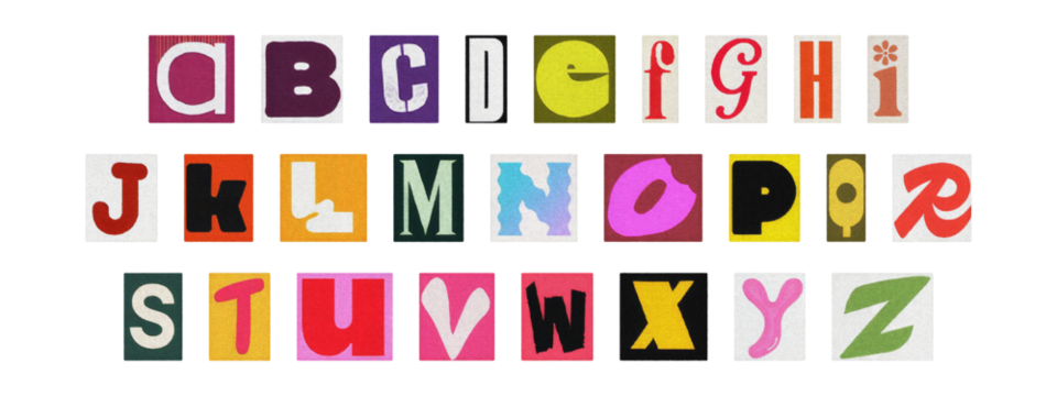 Typography collage of ransom style letters, retro English alphabet set