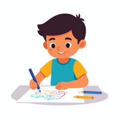 Smiling boy drawing colorful designs on paper.