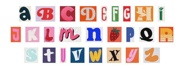 Typography collage of ransom style letters, retro English alphabet set