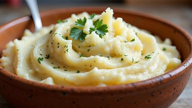 Creamy mashed potatoes garnished with fresh parsley in a rustic bowl.