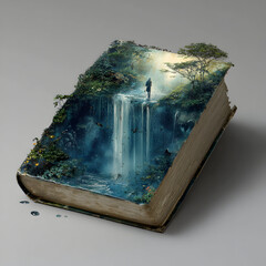 3D forest waterfall scene sculpted into the cover of an old book isolated on white background 