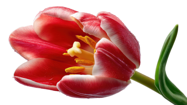 Radiant Tulip in Bloom: A captivating close-up showcases the intricate beauty of a vibrant red and white tulip flower. Delicate petals unfurl, revealing a glimpse of the inner life