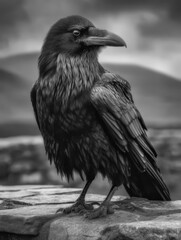 A crow on a Scottish garden wall before brooding sky
