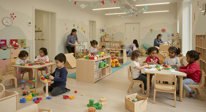 Young adolescents are seen with teachers at a modern daycare center, kindergarten, or elementary school. Everyone is happy and energetic, dressed in modern, clean,