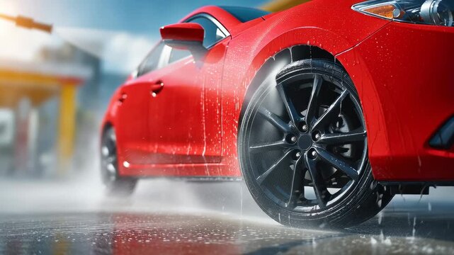 Drive through car wash, Red car with black alloy wheel drives through car wash water spray and soap foam cleaning vehicle tire and body creating