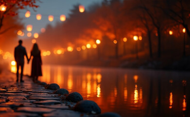 Fototapeta premium Romantic couple holding hands by riverside path with glowing lantern lights reflecting on water in warm autumn evening lifestyle backdrop