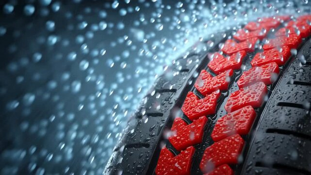 Drive through car wash, Tire tread red pattern covered water droplets car wash drive close up detailed rubber texture fresh clean effect wet surface