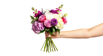 an exquisite bouquet hand offering vibrant purple, pink, and white flowers, isolated on transparent background