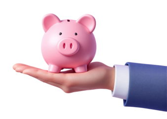 A pink piggy bank held in a businessman's hand, isolated style on white background, symbolizing savings, finance or budgeting concept. Ai generative